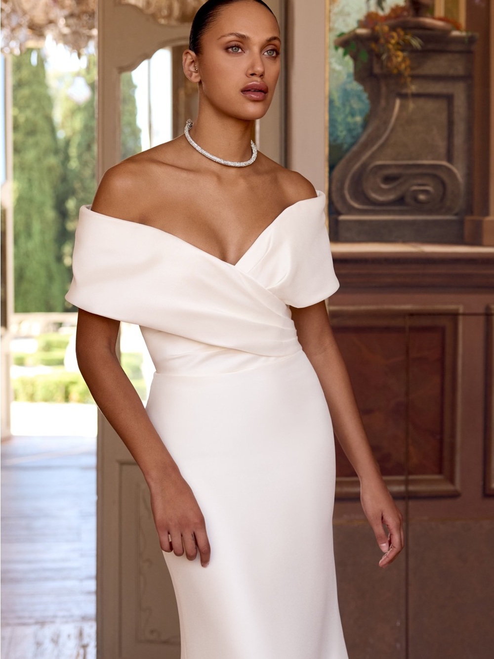 Fiona Stretch Mikado Dress with Cuffed Off the Shoulder Neckline